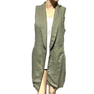 St Tropez West Women’s Linen Vest Size L Large Olive Green Open Front Longline